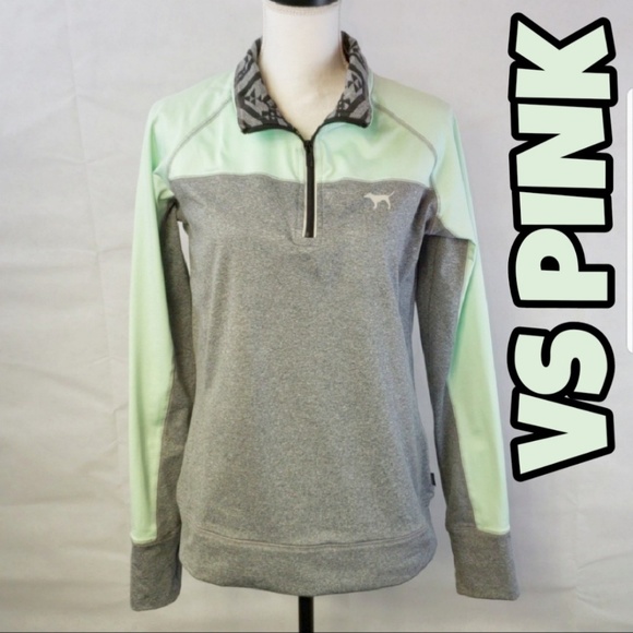 PINK Victoria's Secret Tops - 《VS PINK》ULTIMATE Half Zip Hoodie Mint Green Grey
